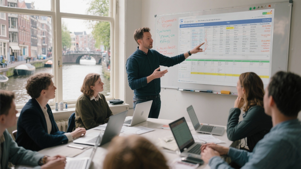 Facilitator guiding entrepreneurs through Excel budgeting template during intimate workshop with whiteboard planning notes, shared laptops, and Amsterdam canal view through window.