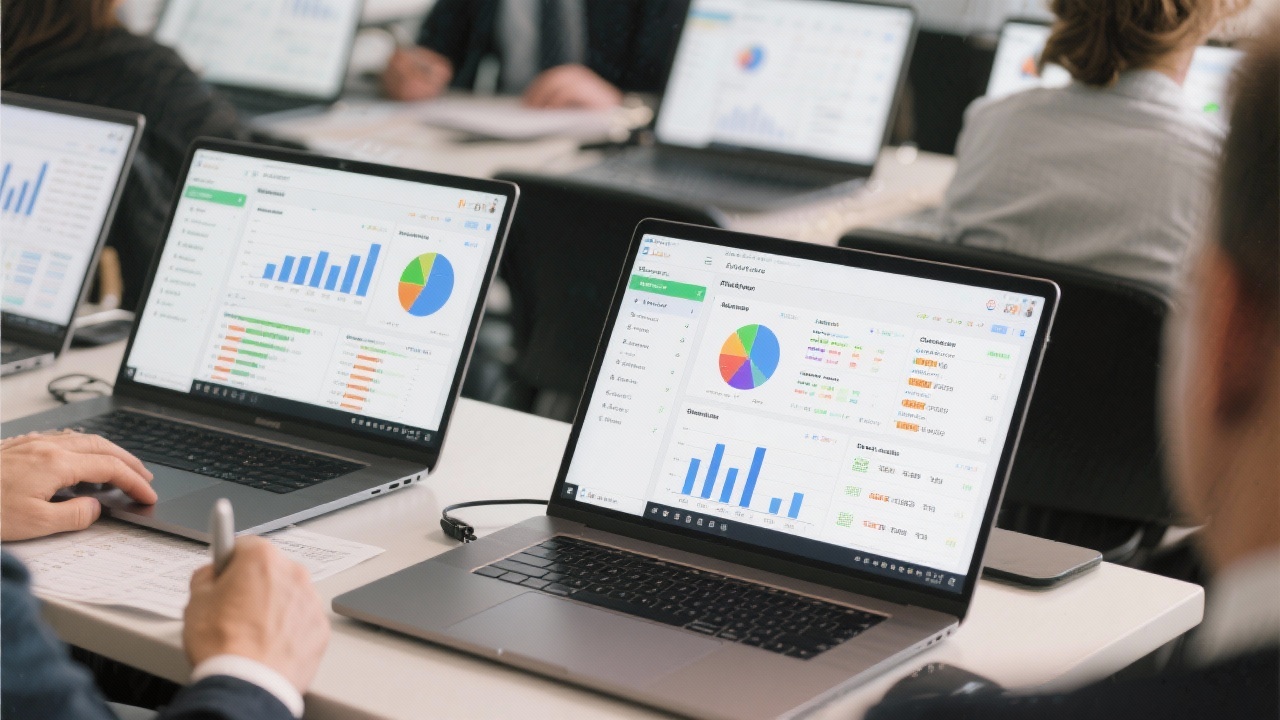 Detailed Excel dashboards displayed on multiple laptop screens showing pivot charts, slicers, and scenario comparisons during professional training session focused on actionable financial and operational insights.