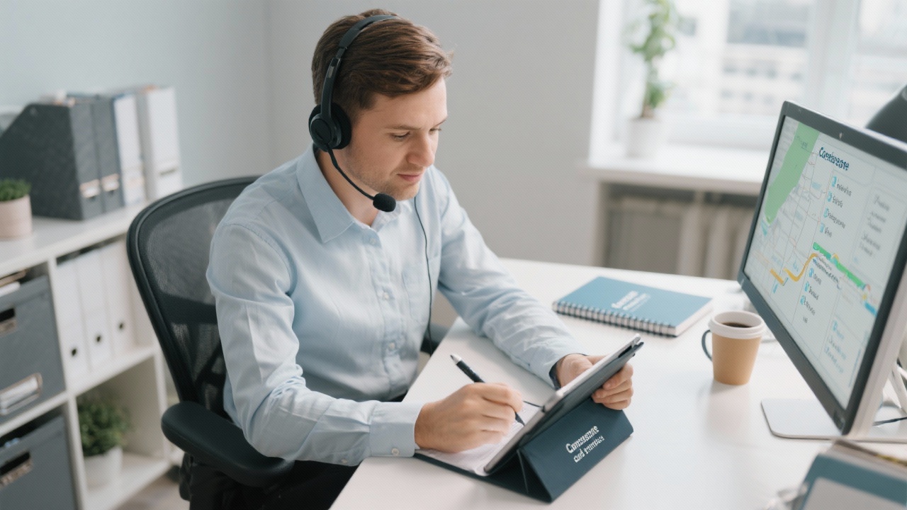 Customer support specialist discussing Excel training roadmap on headset while documenting action items on tablet at organized workspace with branded notebook and coffee mug.