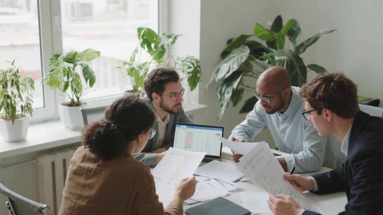 Participants evaluating data governance checklist in Excel while referencing printed compliance documents and collaborating near large plant-filled window in sustainable office space.