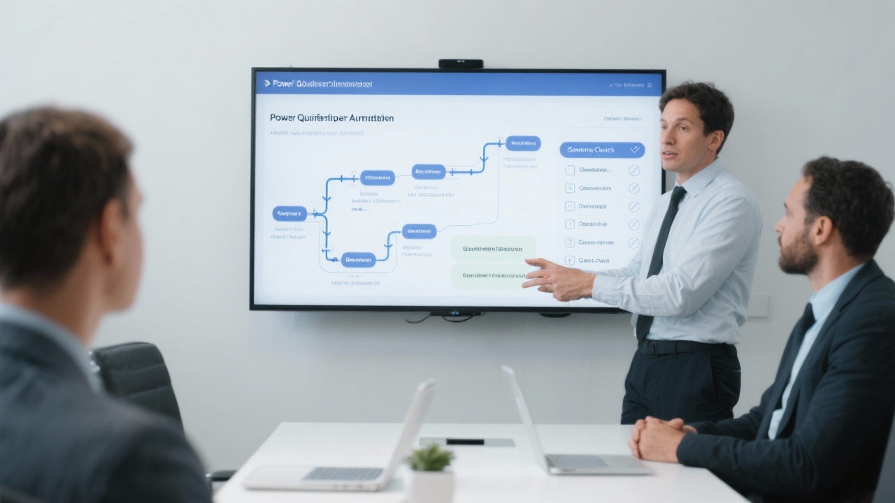 Business analyst presenting implementation roadmap on large monitor with Power Query pipelines, automation steps, and governance checklist to leadership duo inside minimalist meeting room.