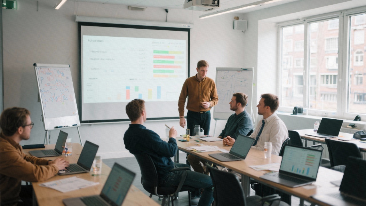Entrepreneurs collaborating during advanced Excel dashboard workshop surrounded by laptops, flipcharts, and projection screen in modern Amsterdam training studio with bright daylight interior.