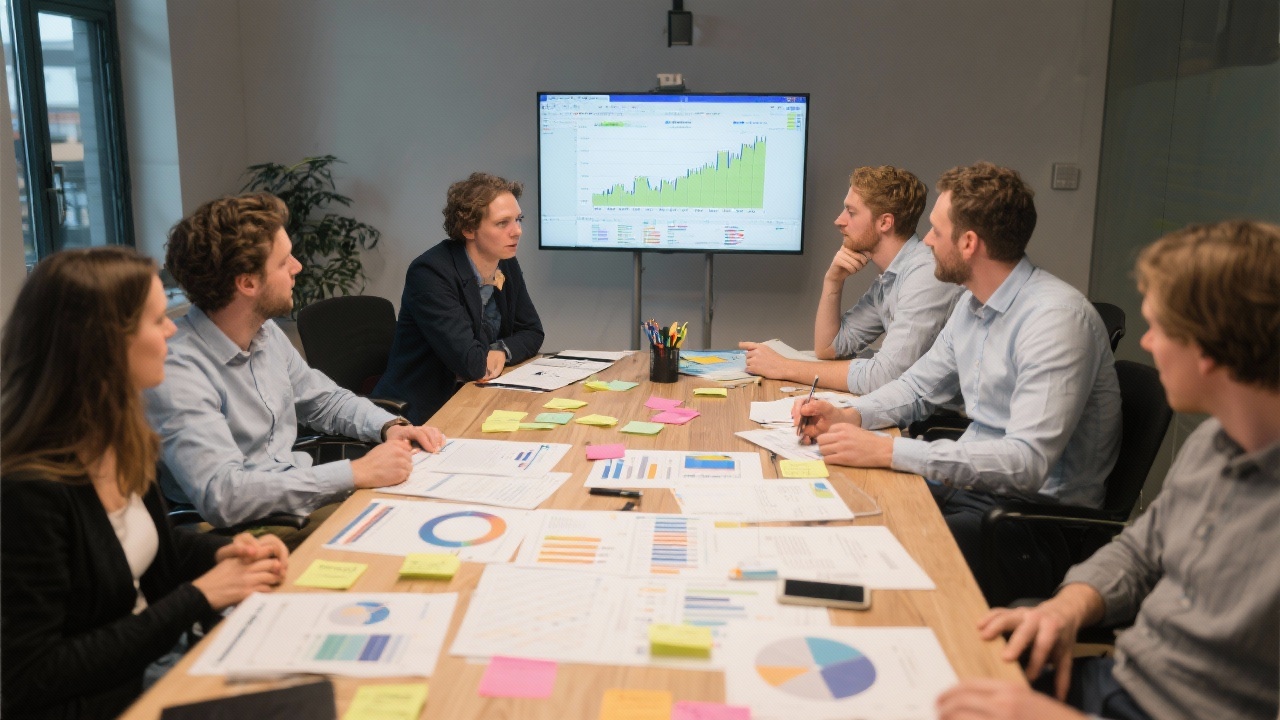 Team of Dutch entrepreneurs analysing monthly revenue trends in Excel around conference table with printed dashboards, sticky notes, and collaborative planning materials spread across surface.