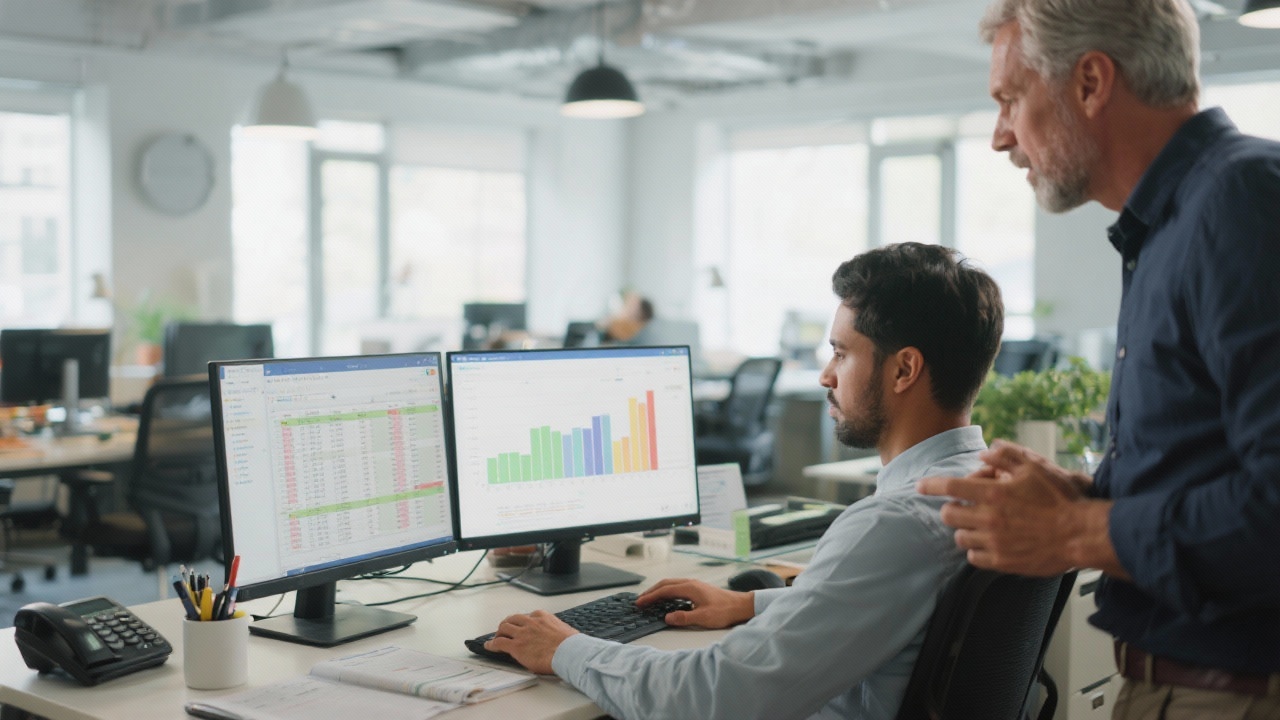 Small business founder reviewing performance metrics in Excel on dual monitors while mentor provides analytical guidance in contemporary coworking office with natural light and productivity tools visible.