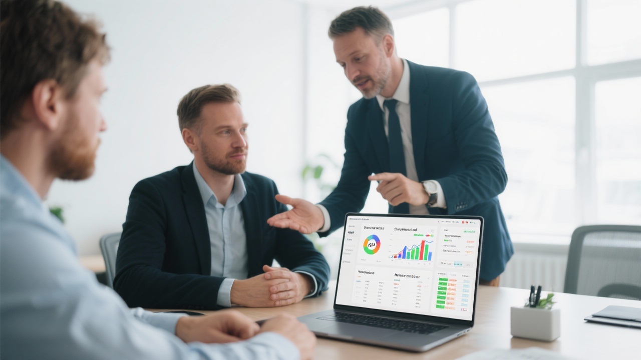 Consultant demonstrating automated Excel dashboard to business owner on laptop while highlighting KPI trends, scenario slicers, and refresh automation settings in bright meeting area.